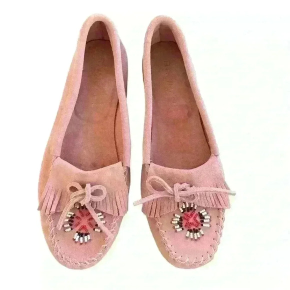 Rampage Lindy Moccasins Pink Suede Leather Size 8 Beaded Boho - Picture 1 of 9